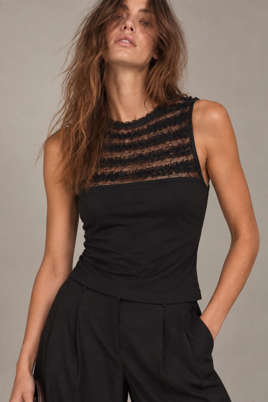 Anne Fontaine Cyriel Mesh Ruffle Black Sleeveless Tank Top Blouse 38 French US 6